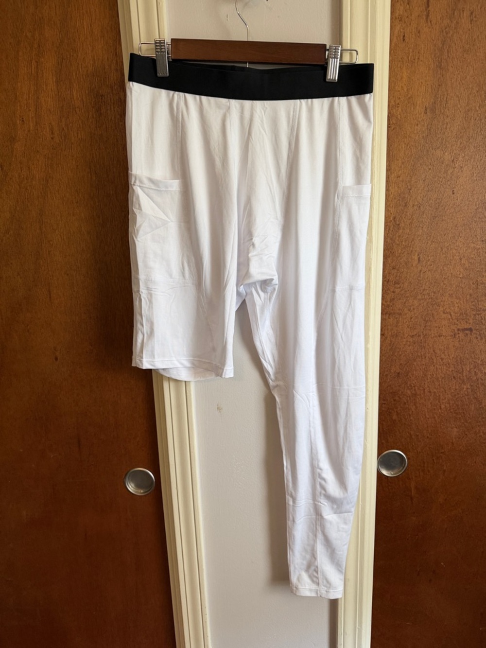 Men's White Performance running Leggings. Full left leg